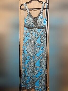 INC International Concepts Blue Paisley Maxi Dress with Metallic Trim